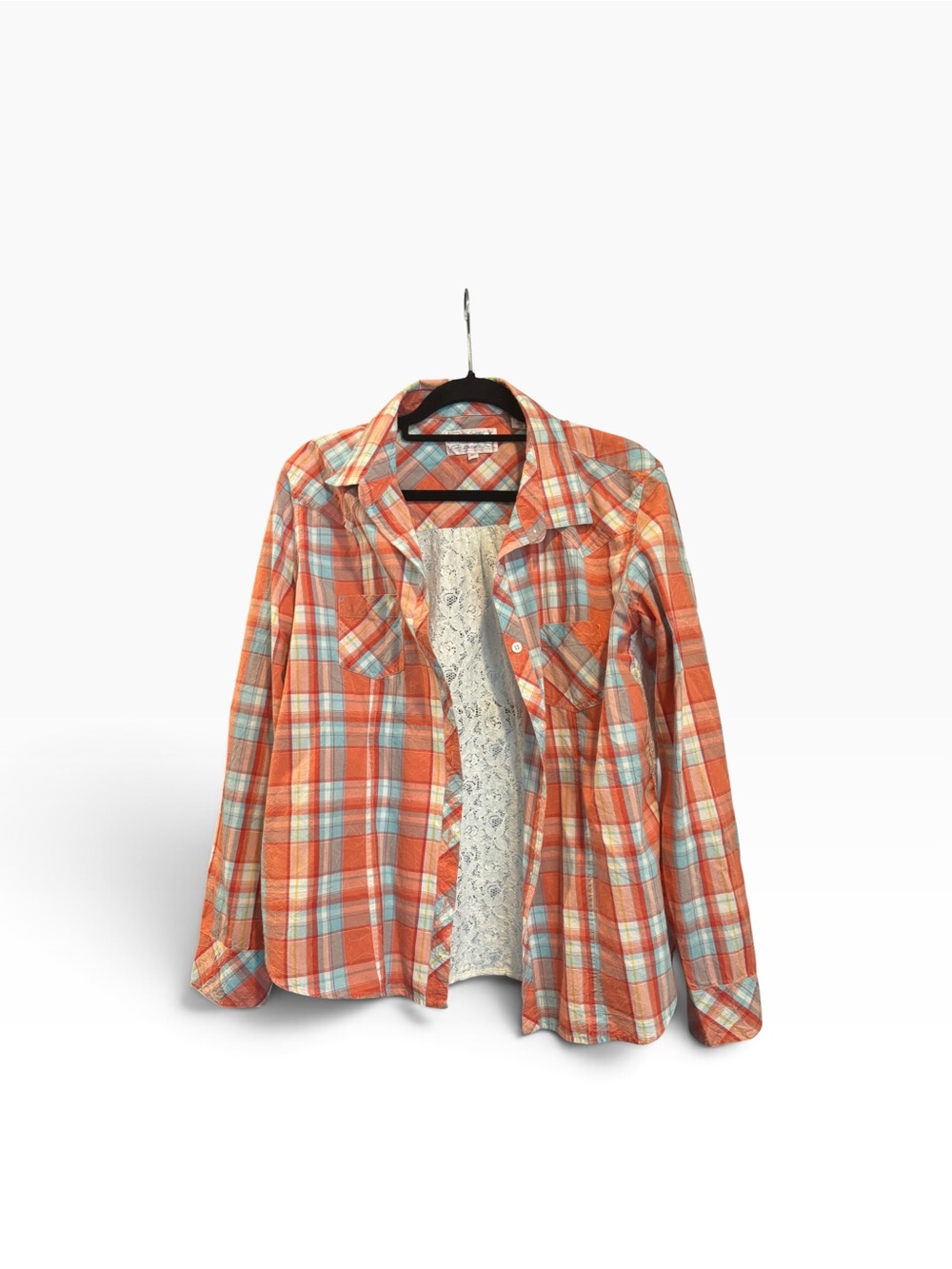 Women’s Orange Plaid Button-Down Shirt with Lace Back Panel